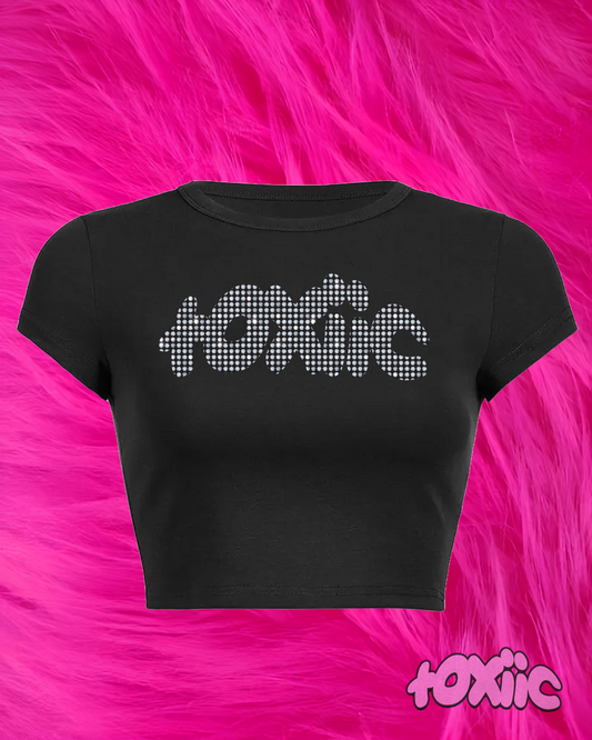 "toxiic crop top" rhinestone